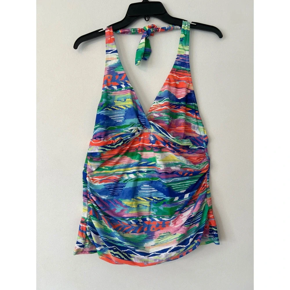 Chaps Womens Abstract Print Halter Tankini‎ Swim Top Blue Multi Color size 16